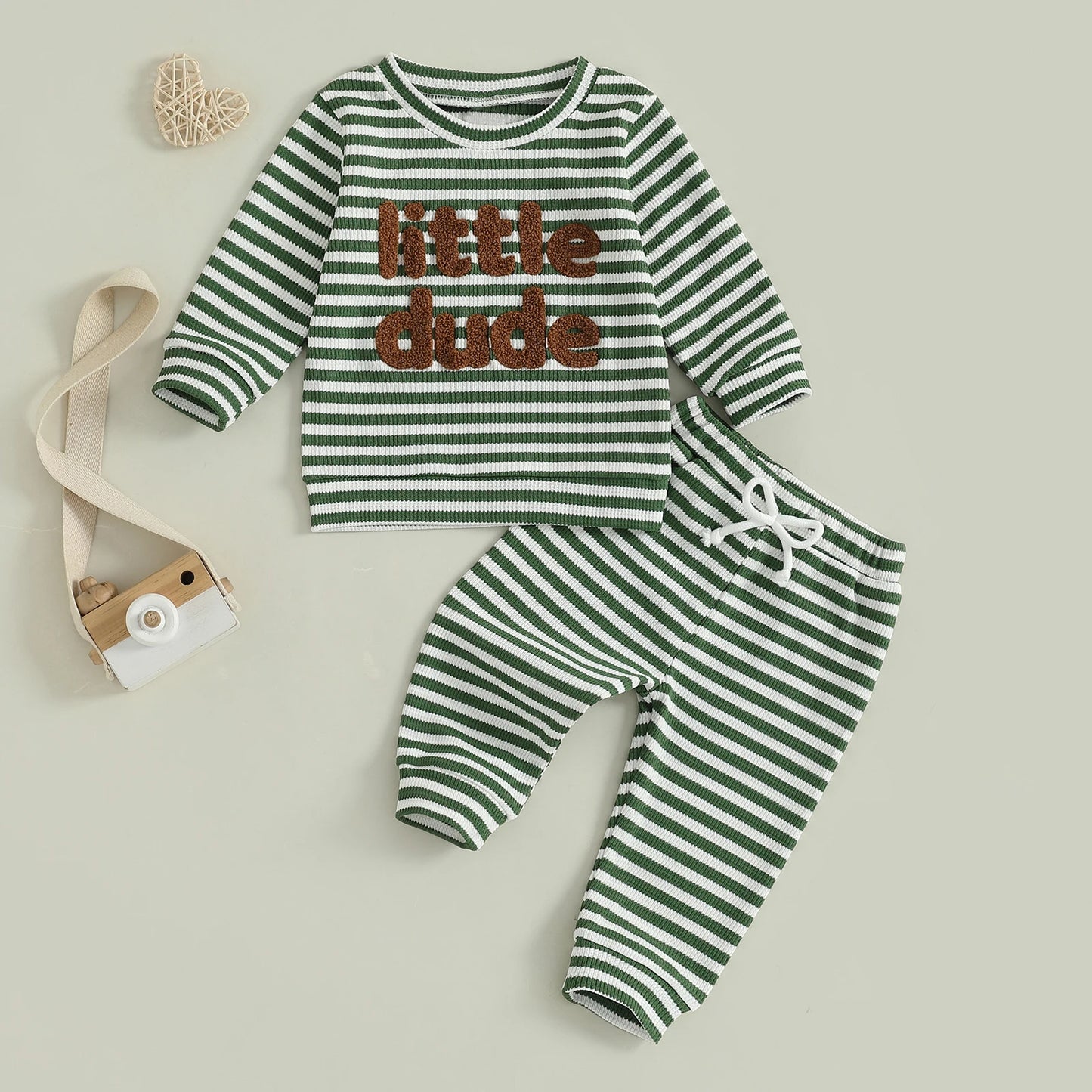 Baby Toddler Boys 2Pcs Mama's Boy / Little Dude Waffle Outfit Letter Embroidery Striped Long Sleeve Top and Elastic Pants Set