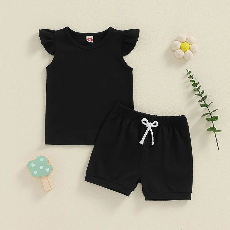 Baby Toddler Girl 2Pcs Summer Set Solid Color Round Neck Fly Sleeve Top Elastic Waist Shorts Outfit Set