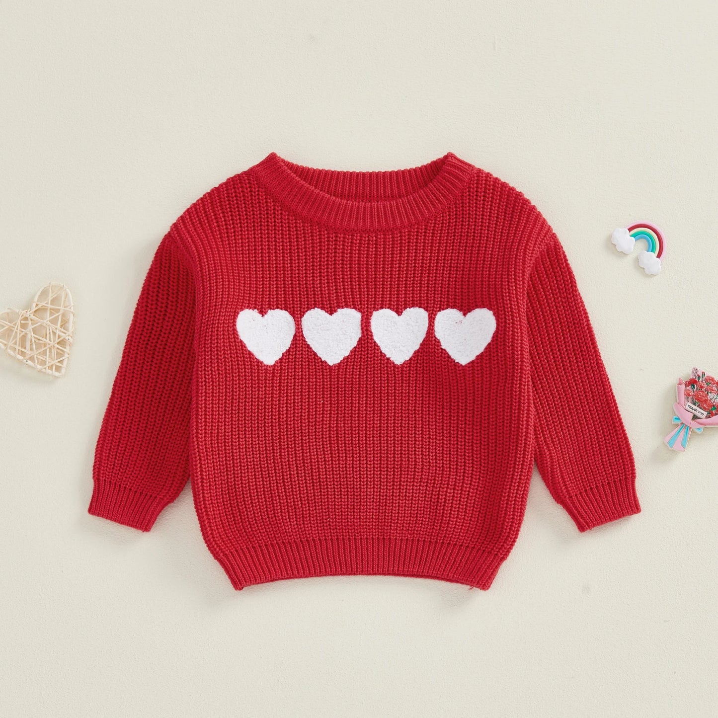 Toddler Kids Boys Girls Valentines Day Knit Sweater Fashionable Heart Cherry Embroidery Crew Neck Long Sleeve Tops