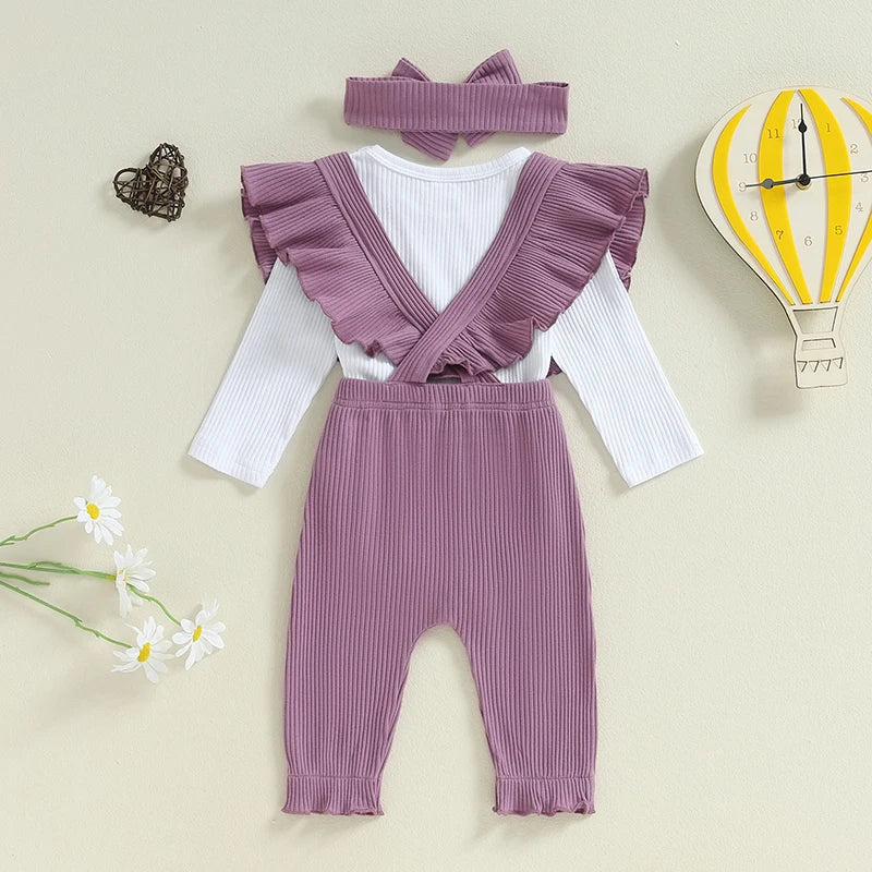 Baby Girls 3Pcs Ribbed Long Sleeve Romper with Ruffle Trim Overalls Pants Headband Set for Fall