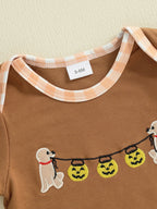 Baby Boys Halloween Romper Pumpkin Dog Embroidery Long Sleeve Round Neck Plaid Jumpsuit