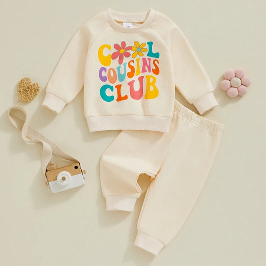 Baby Toddler Girls 2Pcs Outfit Cool Cousins Club Long Sleeve Crew Neck Letters Flower Print Top with Pants Fall Set