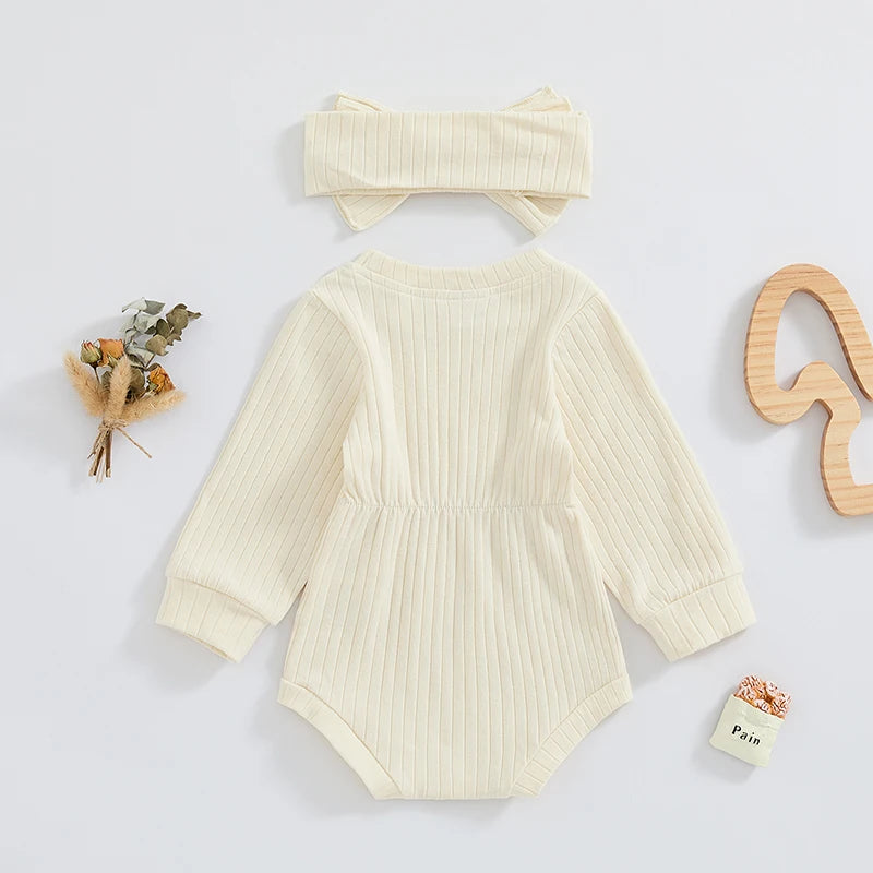 Baby Girls Spring Fall Solid Color Round Neck Long Sleeve Ribbed Romper Bow Headband Set