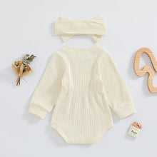 Load image into Gallery viewer, Baby Girls Spring Fall Solid Color Round Neck Long Sleeve Ribbed Romper Bow Headband Set
