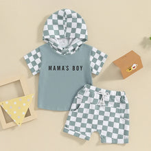 Load image into Gallery viewer, Toddler Baby Boy 2Pcs Mama&#39;s Boy Summer Outfit Short Sleeve Letter Print Hooded Top + Elastic Waist Checkerboard Shorts Set
