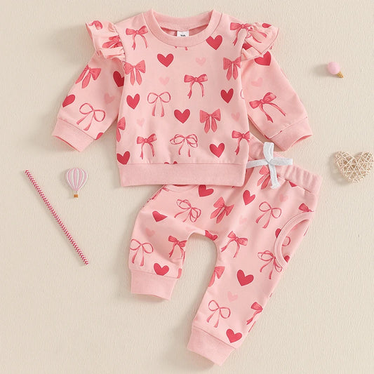 Baby Toddler Girls 2Pcs Jogger Set Long Frilly Sleeve O Neck Bow Heart Print Top Pants Outfit Valentine's Day