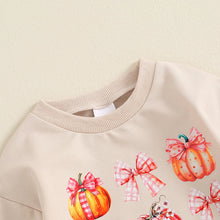 Load image into Gallery viewer, Baby Girls Halloween Thanksgiving Bubble Romper Pumpkin Bow Print Long Sleeve Round Neck Jumpsuit for Fall
