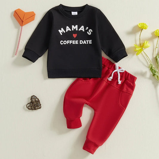 Baby Toddler Boys 2Pcs Mama's Coffee Date Fall Winter Valentines Letter Heart Print Long Sleeve Crewneck Top and Pants Jogger Set Valentine's Day Outfit