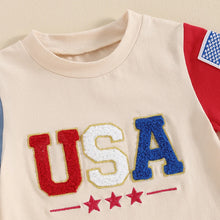 Load image into Gallery viewer, Baby Toddler Boys 2Pcs 4th of July Short Sleeve Letter USA Embroidery Flag Top Solid Color Drawstring Shorts Set
