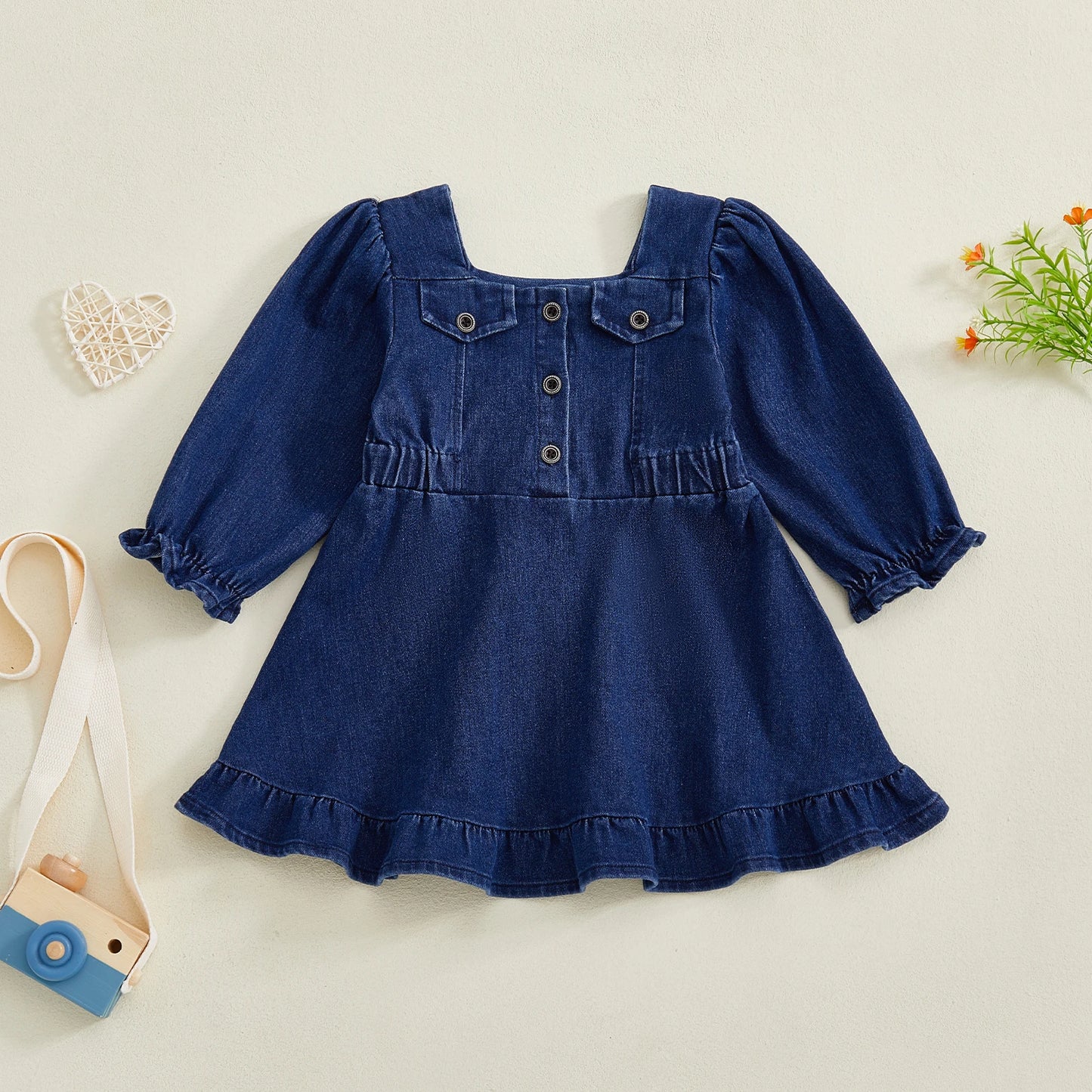Baby Toddler Girl Denim Dress Long Puff Sleeve Button Down A-Line Dress Ruffle Dress