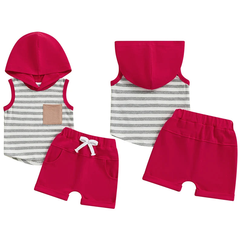 Toddler Baby Boy 2PCS Summer Set Striped Sleeveless Hooded Tank Top Elastic Waist Shorts Outfit