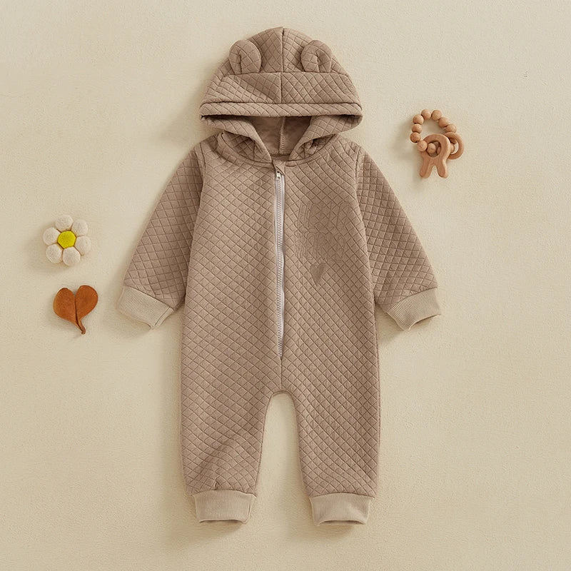 Baby Boys Girls Hello World Jumpsuit Long Sleeve Solid Hooded Hood with Ears Embroidery Letters Zipper Romper Clothes