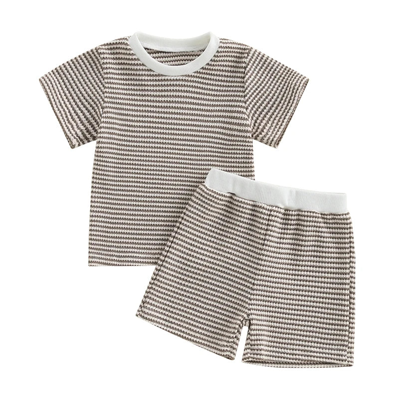 Baby Toddler Girl Boys 2Pcs Summer Outfit Waffle Striped Short Sleeve T-shirt Top Elastic Waist Shorts Set