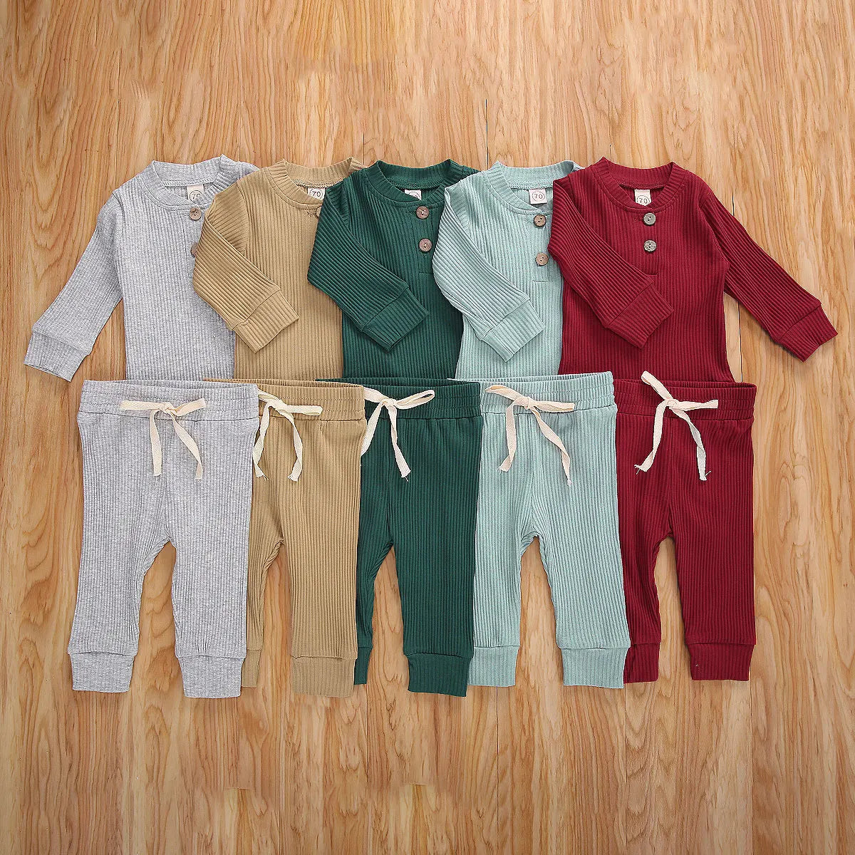 Baby Toddler Girl Boy 2Pcs Autumn Ribbed Clothes Sets Long Sleeve Bodysuits + Elastic Pants 2PCs Outfit