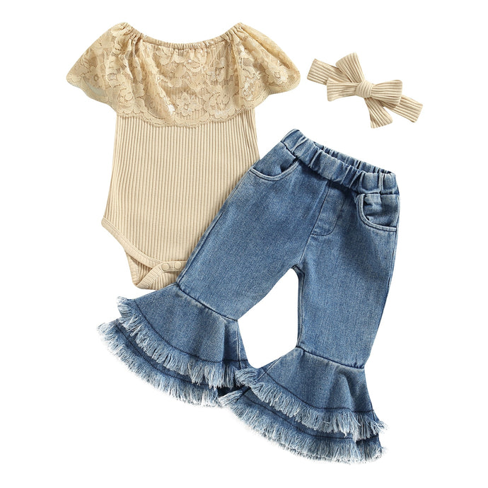 Infant Baby Girls 3Pcs  Tank Top Lace Romper with Bell Bottom Flare Pants and Bow Outfit