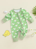Baby Girl Boy Chicken Print Jumpsuit Long Sleeve Round Neck Zipper Romper