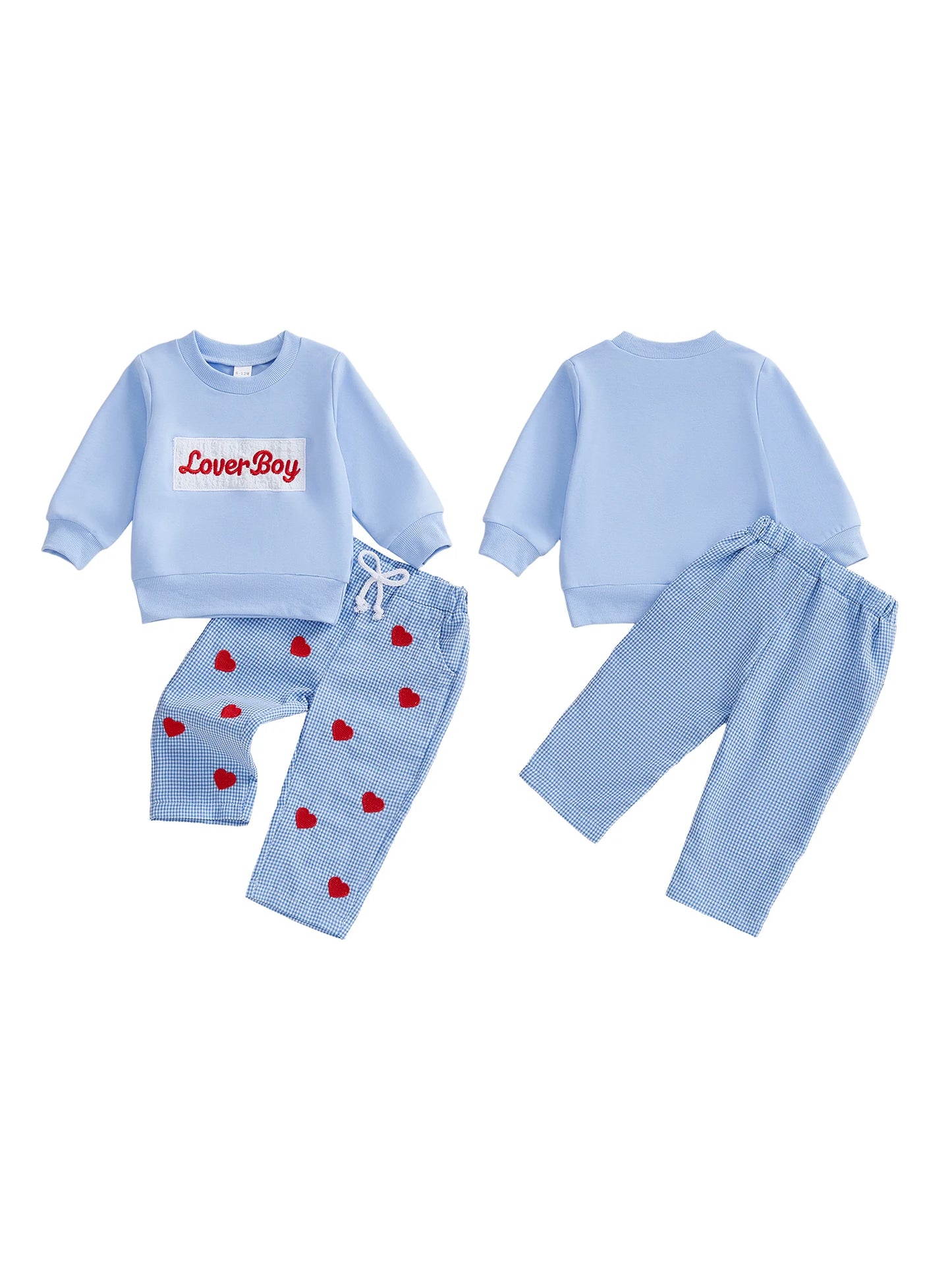 Baby Toddler Boys 2Pcs Lover Boy Valentine's Day Outfit Fashionable Long Sleeve Letters Embroidery Pullover with Plaid Heart Print Pants 2Pcs Clothing Set