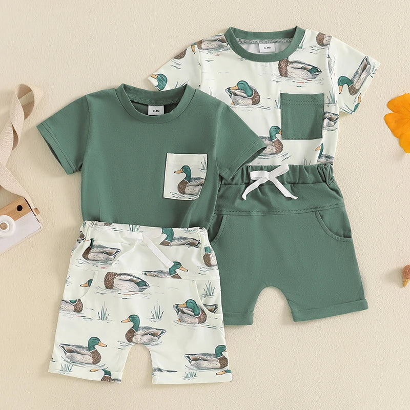 Baby Toddler Boys 2Pcs Duck Print Spring Outfit Short Sleeve T-Shirt Top Elastic Waist Shorts Farm Clothes Summer Set