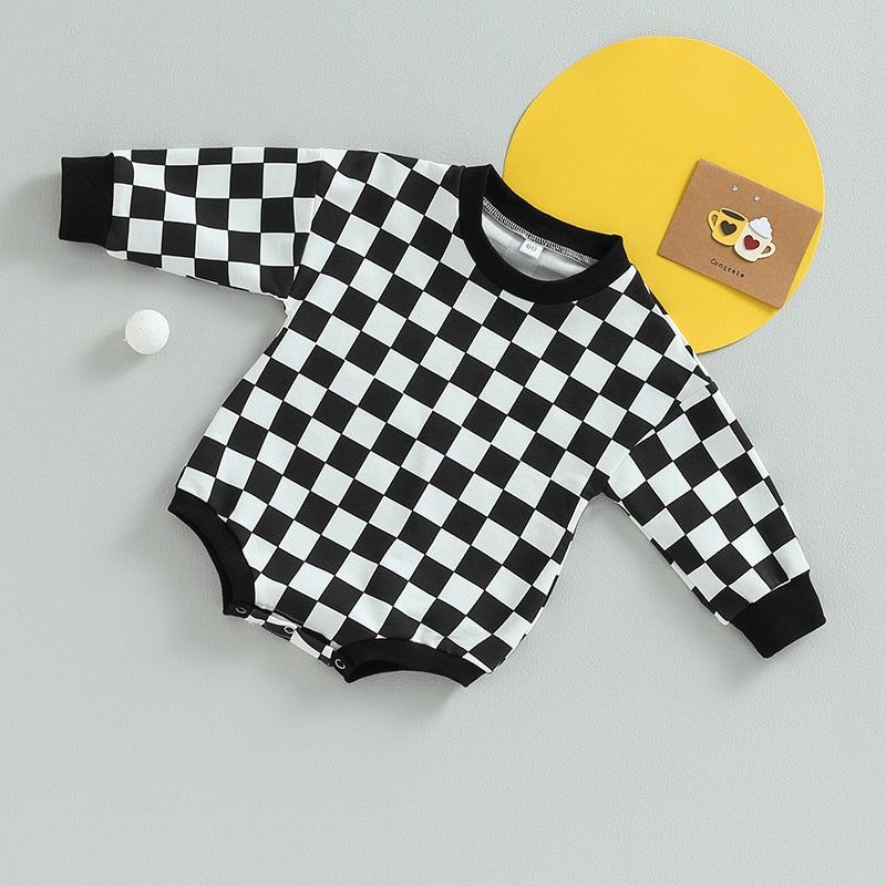 Baby Boy Girl Fall Sweatshirt Bodysuit Checkerboard Print Long Sleeve Jumpsuit Romper