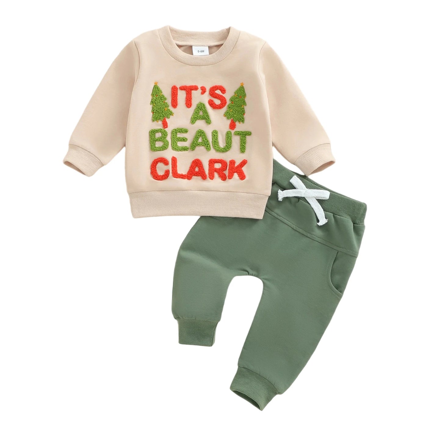 Baby Toddler Boys 2Pcs Christmas It's A Beaut Clark Outfits Long Sleeve Crew Neck Letter Embroidery Top and Elastic Waist Pants Jogger Set