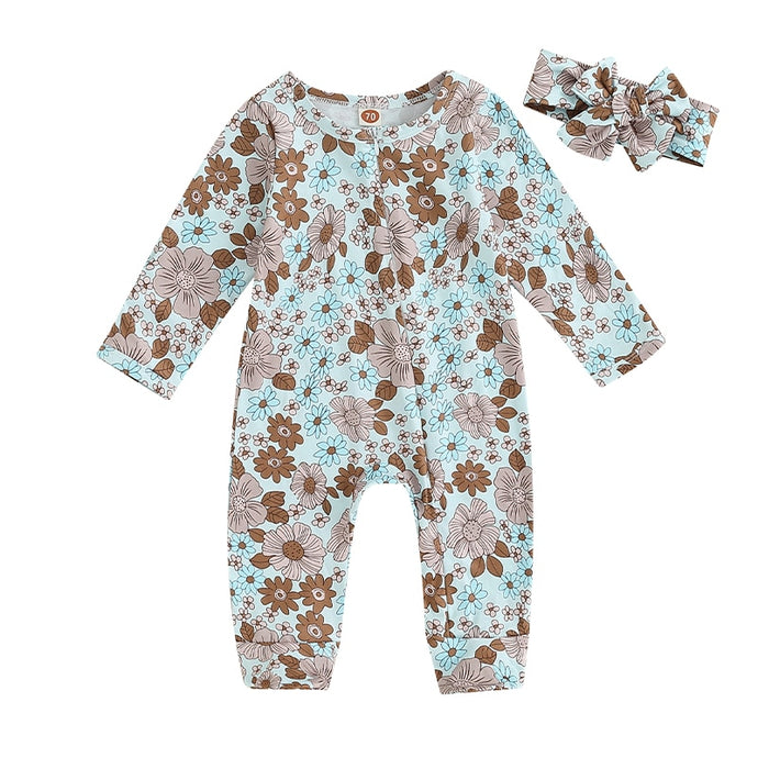 Baby Girl 2Pcs Fall Romper Outfits Long Sleeve Floral Print Zip Up Jumpsuit Headband Boy Set
