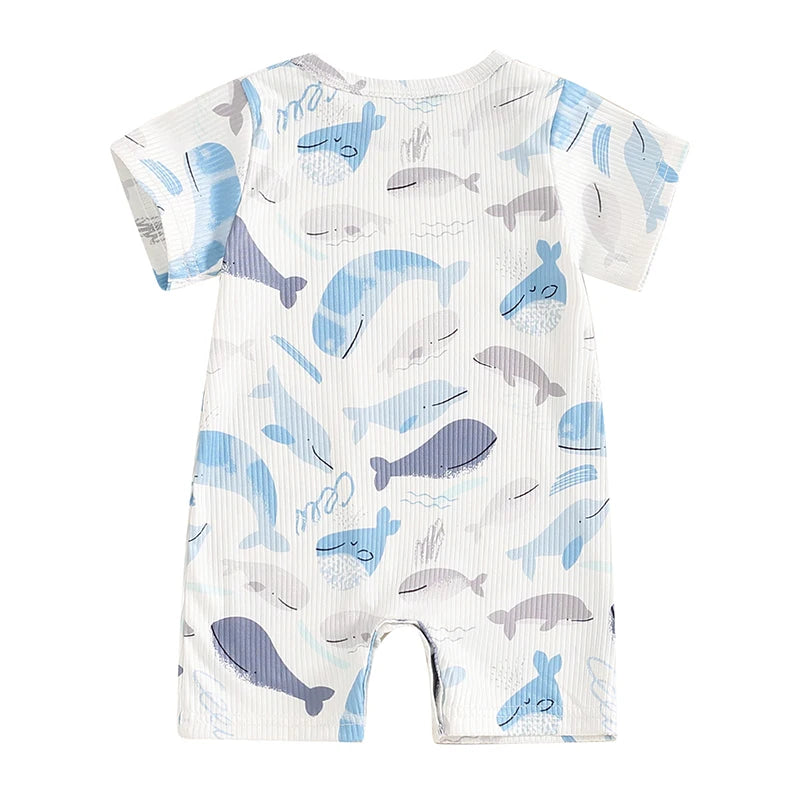 Baby Boys Girls Summer Casual Romper Short Sleeve Crew Neck Ocean Animal Whales Print Jumpsuit