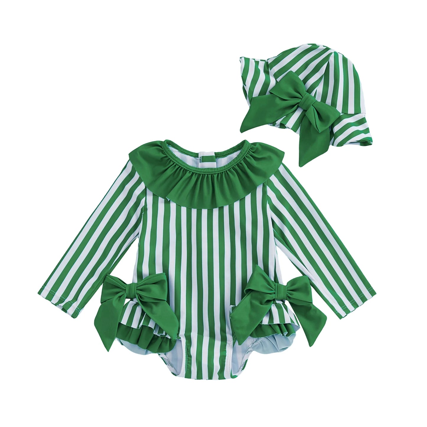 Baby Toddler Girls 3Pcs Swimsuit Ruffles Collar Long Sleeve Striped Print Bow Swimwear with Hat Set