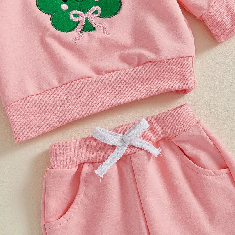 Baby Toddler Boys Girls 2Pcs Spring Outfit Lucky Charm Shamrock Letter Embroidery Long Sleeve Crew Neck Top with Drawstring Pants Jogger Set