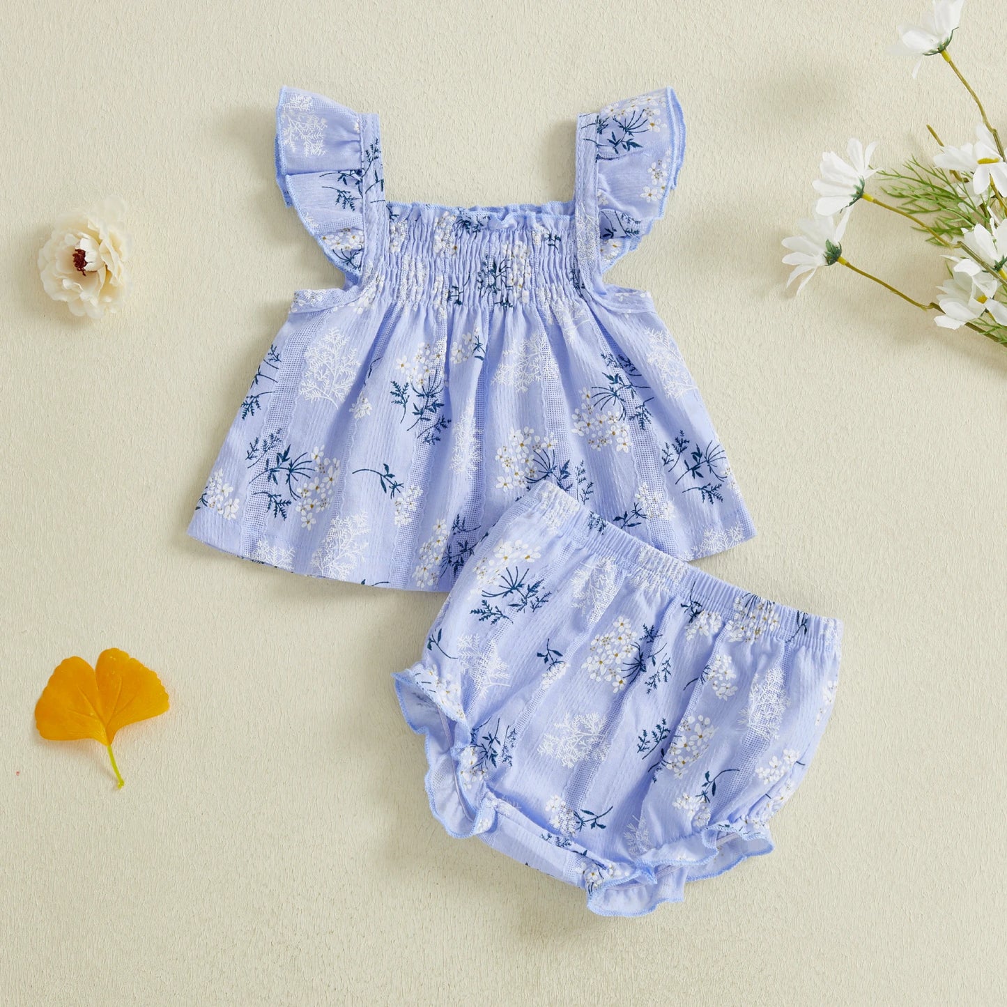 Baby Toddler Girl 2Pcs Summer Outfit Flower Flying Sleeve Ruffle Tank Top and Shorts Bloomers 2 Piece Casual Set