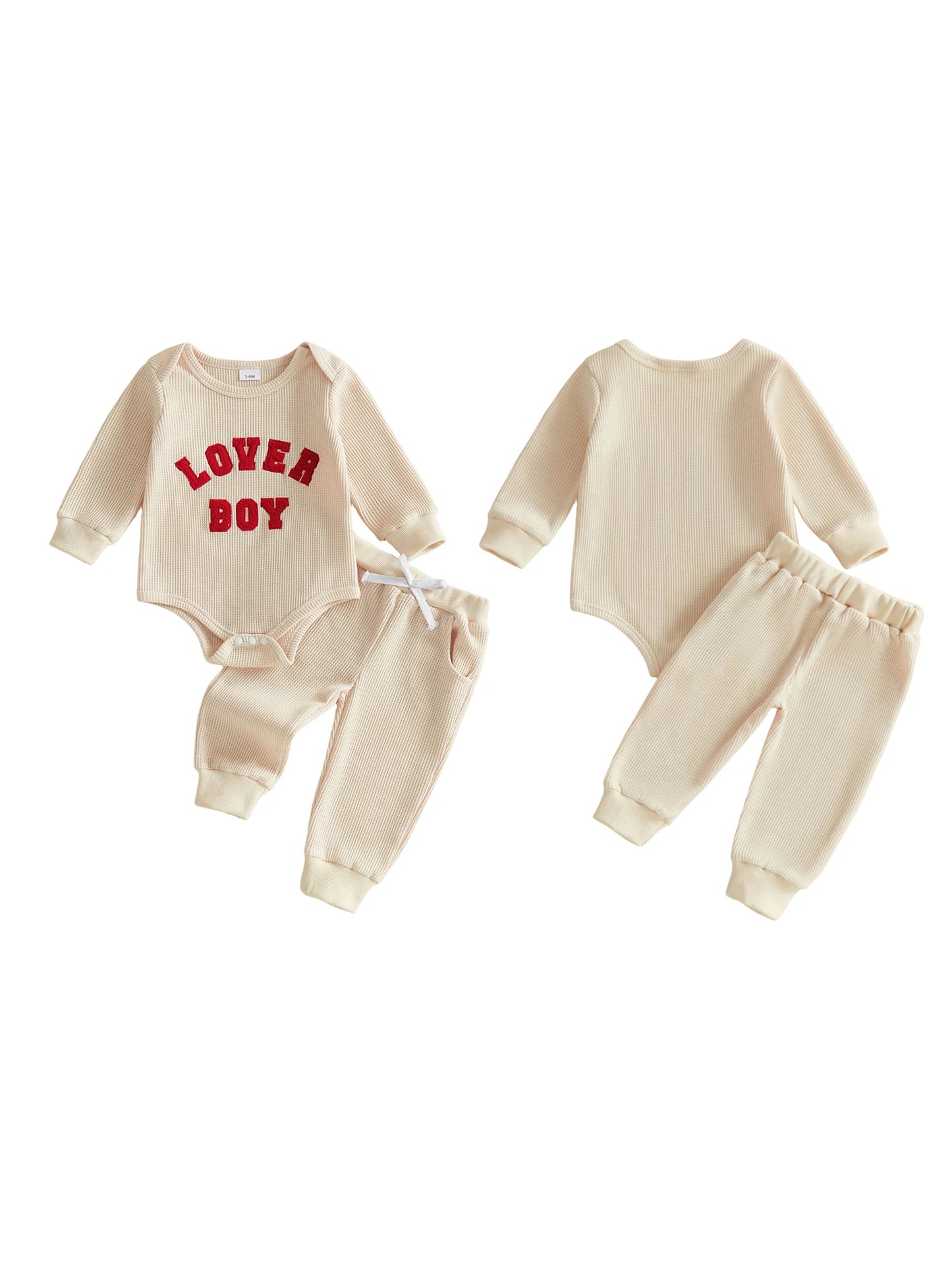 Baby Boys 2Pcs Lover Boy Valentine's Day Outfit Long Sleeve Crew Neck Letter Embroidery Romper Drawstring Jogger Pants Set
