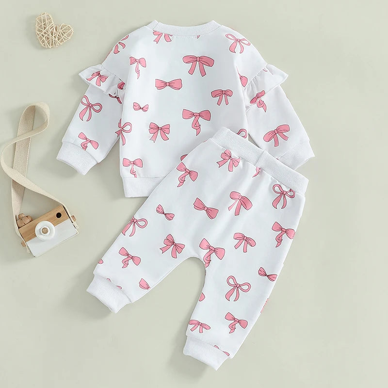 Baby Toddler Girls 2Pcs Spring Fall Outfit Long Sleeve Bow Print Ruffle Top + Pants Jogger Set