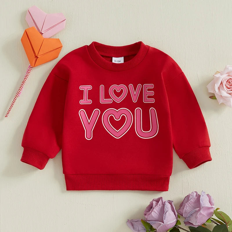 Baby Toddler Girls Valentine’s Day Long Sleeve Valentines University Cupid / I Love You Heart Letter Print Pullover Top