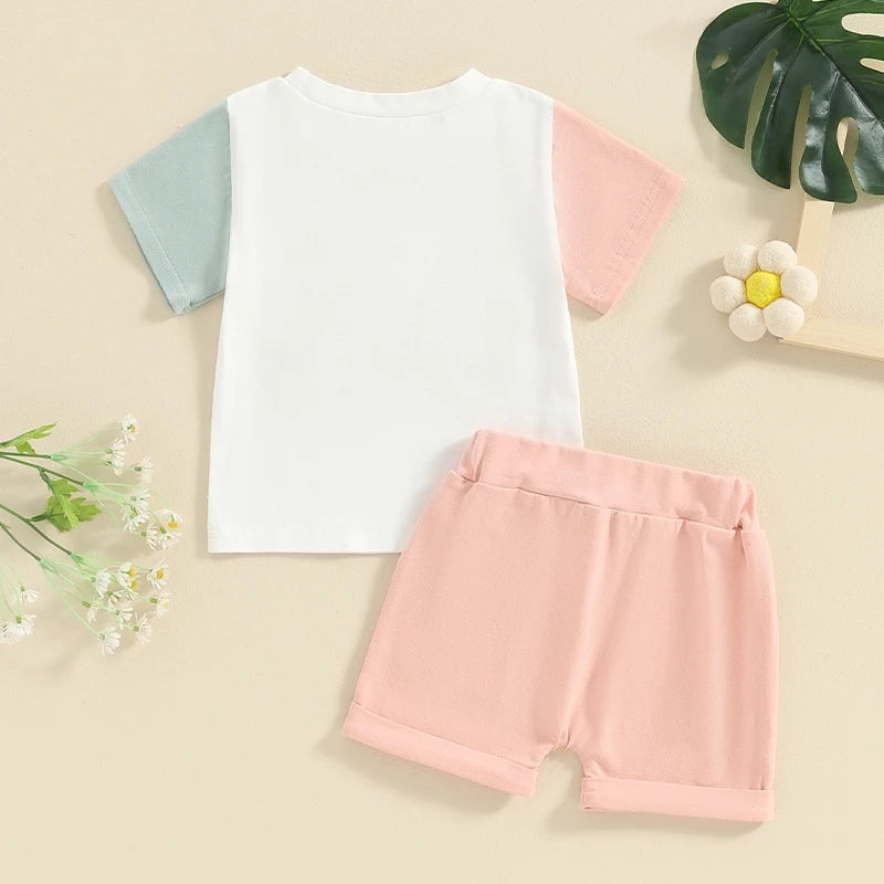 Baby Toddler Girl 2Pcs Mama's Girl Letter Embroidery Short Sleeve Round Neck Top with Solid Color Shorts Set