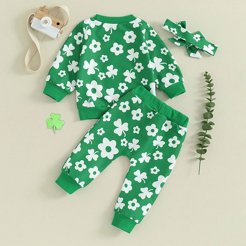 Toddler Baby Girl Boy 3Pcs St. Patrick's Day Outfit Long Sleeve Flower Shamrock Print Crewneck Top Pants with Bow Headband Set