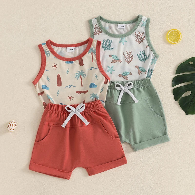 Baby Toddler Boys 2Pcs Summer Clothes Sleeveless Pattern Sea Turtles Palm Tree Waves Print Tank Top Solid Shorts Set Beach Outfit