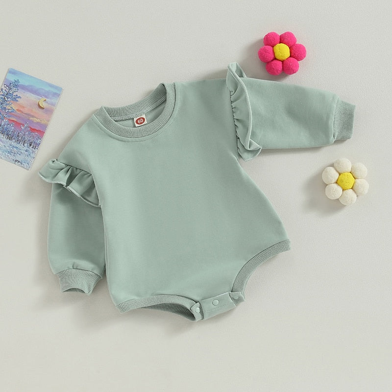 Baby Boy Girl Bodysuit Ruffle Long Sleeve Round Neck Solid Color Jumpsuit Romper