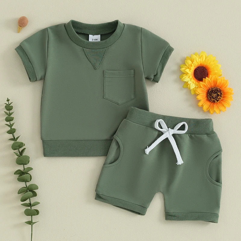 Baby Toddler Boy Girl 2Pcs Spring Summer Clothes Solid Color Short Sleeve O-Neck Top with Matching Shorts Set Outfit