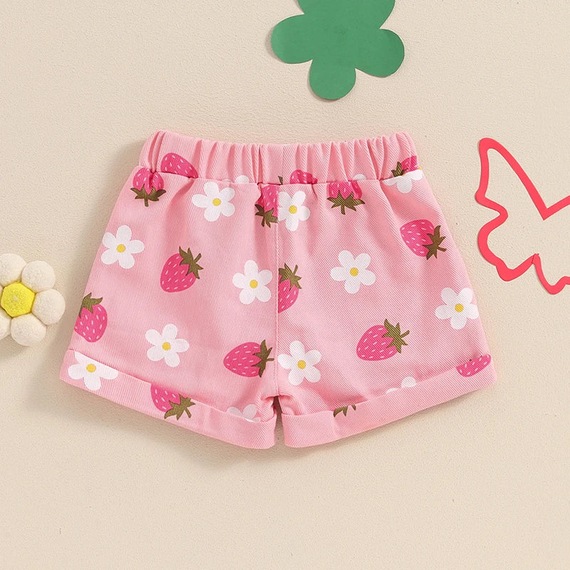 Baby Toddler Girls Summer Denim Shorts Elastic Waist Strawberry Floral Flowers Print Jean Shorts with Pockets