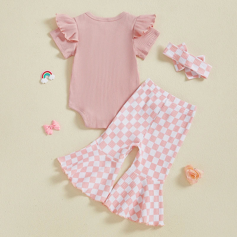 Baby Girls 3Pcs Summer Spring Clothes Solid Ribbed Short Sleeve Romper with Checkered Print Flare Long Pants and Headband Set