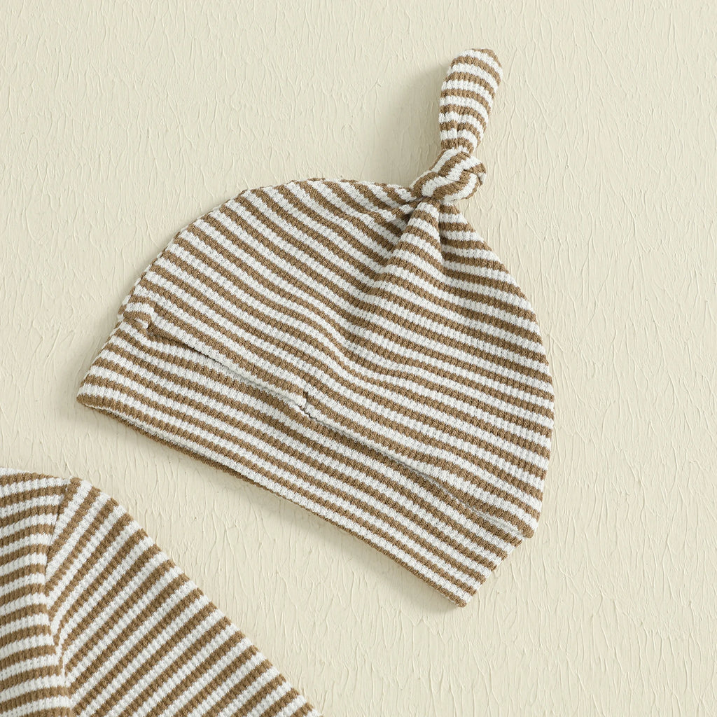 Baby Boys 2Pcs Fall Clothes Romper Stripe Print Long Sleeve Round Neck Full Length Jumpsuit with Hat Set