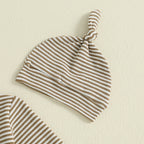 Baby Boys 2Pcs Fall Clothes Romper Stripe Print Long Sleeve Round Neck Full Length Jumpsuit with Hat Set