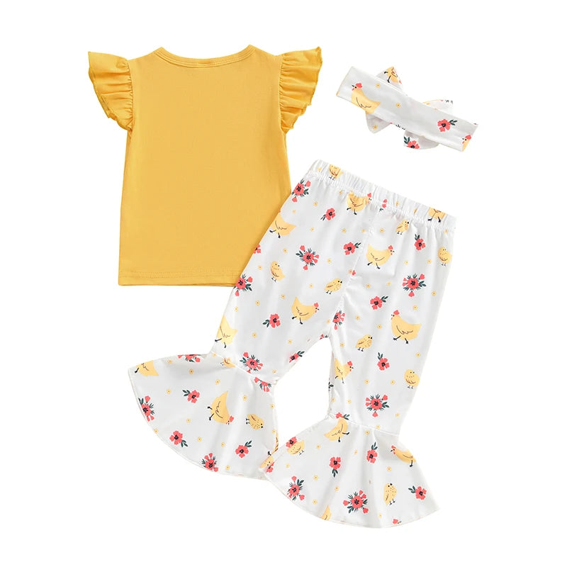 Baby Toddler Girls 2Pcs One Cute Chick Summer Outfit Fly Short Sleeve Top + Chicken Print Flare Pants Set