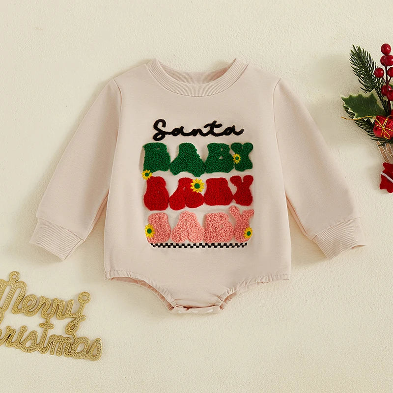 Baby Girls Boys Santa Baby Bubble Romper Christmas Letter Embroidered Long Sleeve Winter Jumpsuit