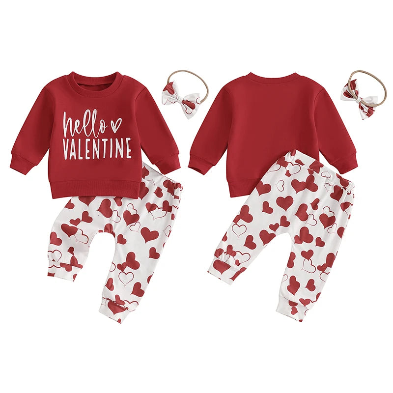 Baby Toddler Girls 3Pcs Valentine's Day Outfit Hello Valentine Letter Print Crew Neck Long Sleeve Top Heart Print Long Jogger Pants Headband Bow Valentines Set