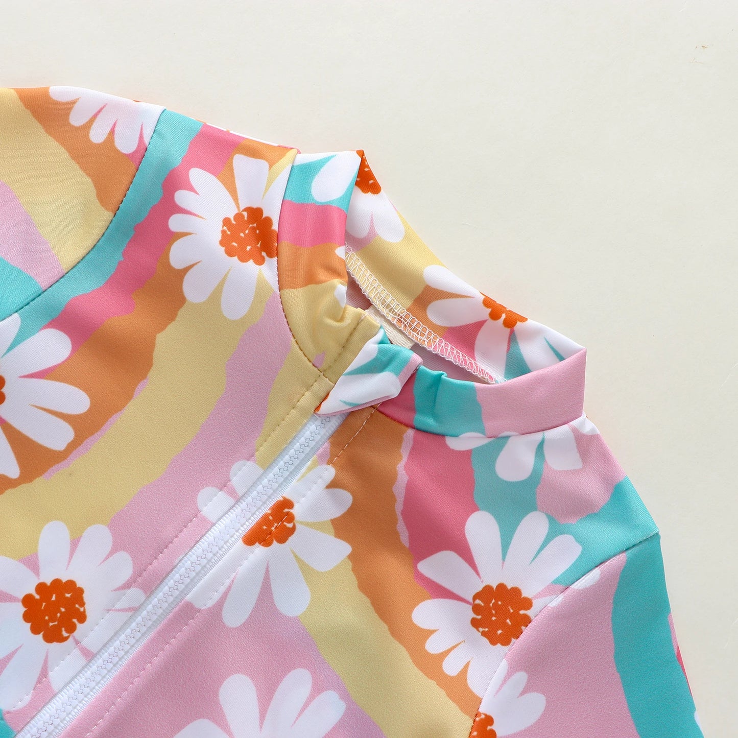 Baby Toddler Girls 2Pcs Romper Swimsuit Long Sleeve Ruffles Flowers Printed Zipper Beach Swimwear Bathing Suit + Hat Set