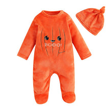 Load image into Gallery viewer, Baby Boy Girl 2Pcs Halloween Rompers Pumpkin Pattern Long Sleeve Fleece Footed Jumpsuit and Hat
