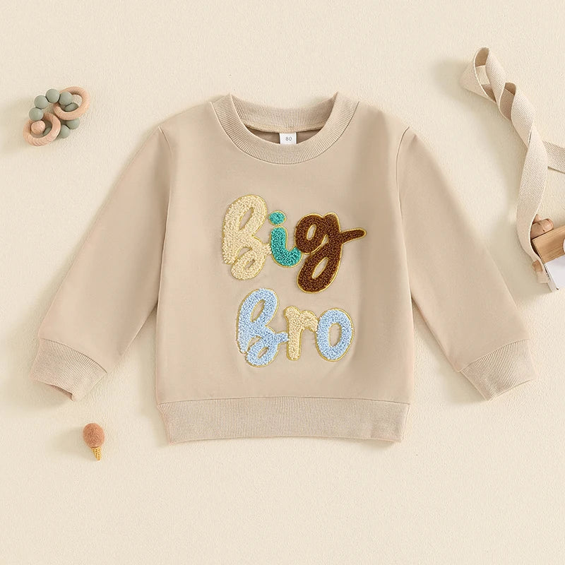 Baby Toddler Boys Big Bro Fuzzy Letter Embroidery Round Neck Long Sleeve Pullover Fall Top