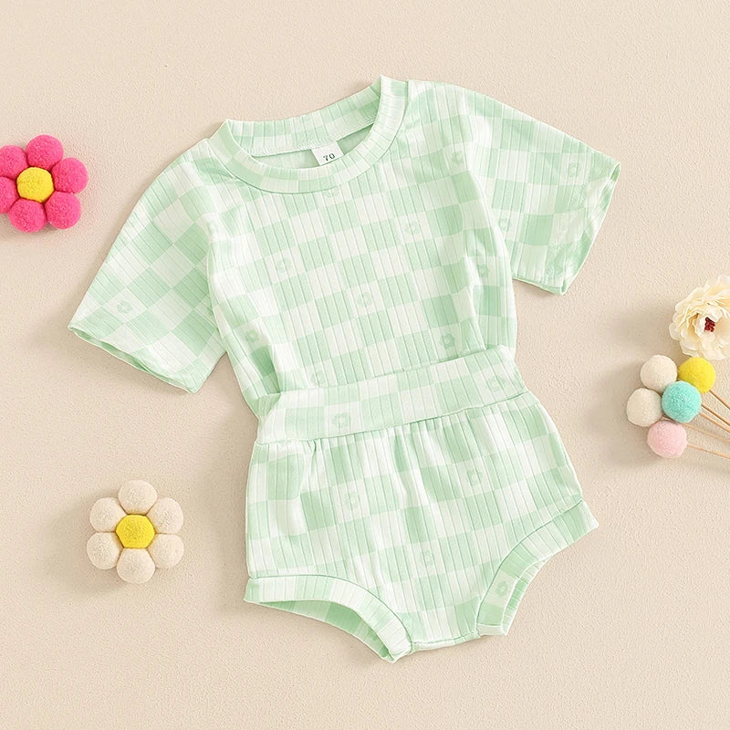 Baby Toddler Girls 2Pcs Summer Set Short Sleeve Checkerboard Flower Print Top Shorts Bloomers Outfit