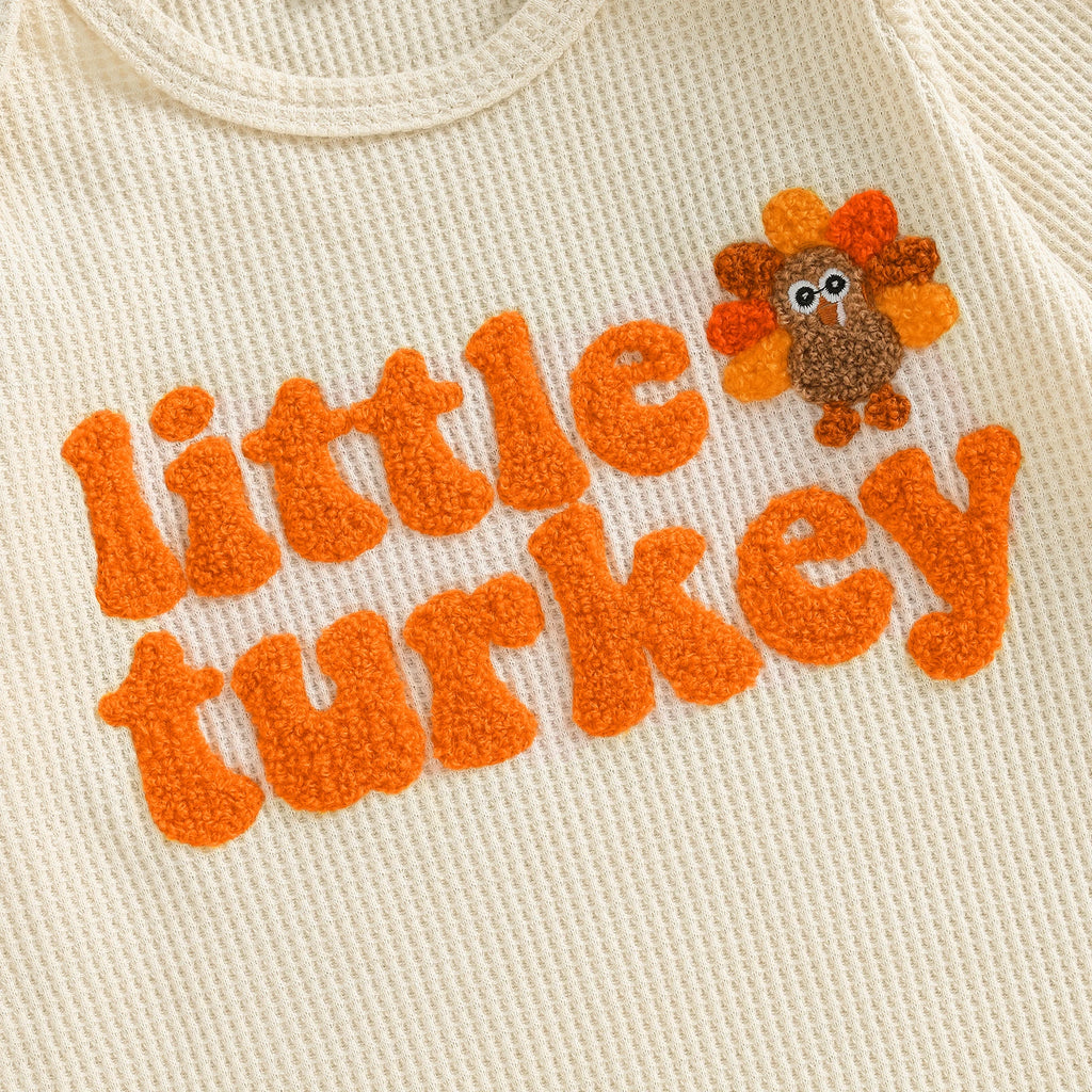 Baby Boys Girls 2Pcs Little Turkey Thanksgiving Outfit Long Sleeve Crew Neck Letter Turkey Embroidery Full Length Romper with Hat Set