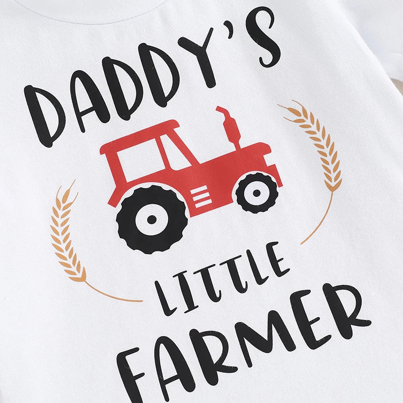 Toddler Baby Boy 2Pcs Daddy's Little Farmer Tractor Short Sleeve Letter Print Top + Elastic Waist Tractor Cow Hay Print Shorts Summer Set